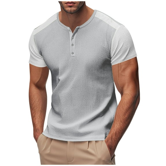 Men's Henley Shirt Short Sleeve Casual Waffle T-Shirt Men's Summer Solid Color Button T-Shirt Tops