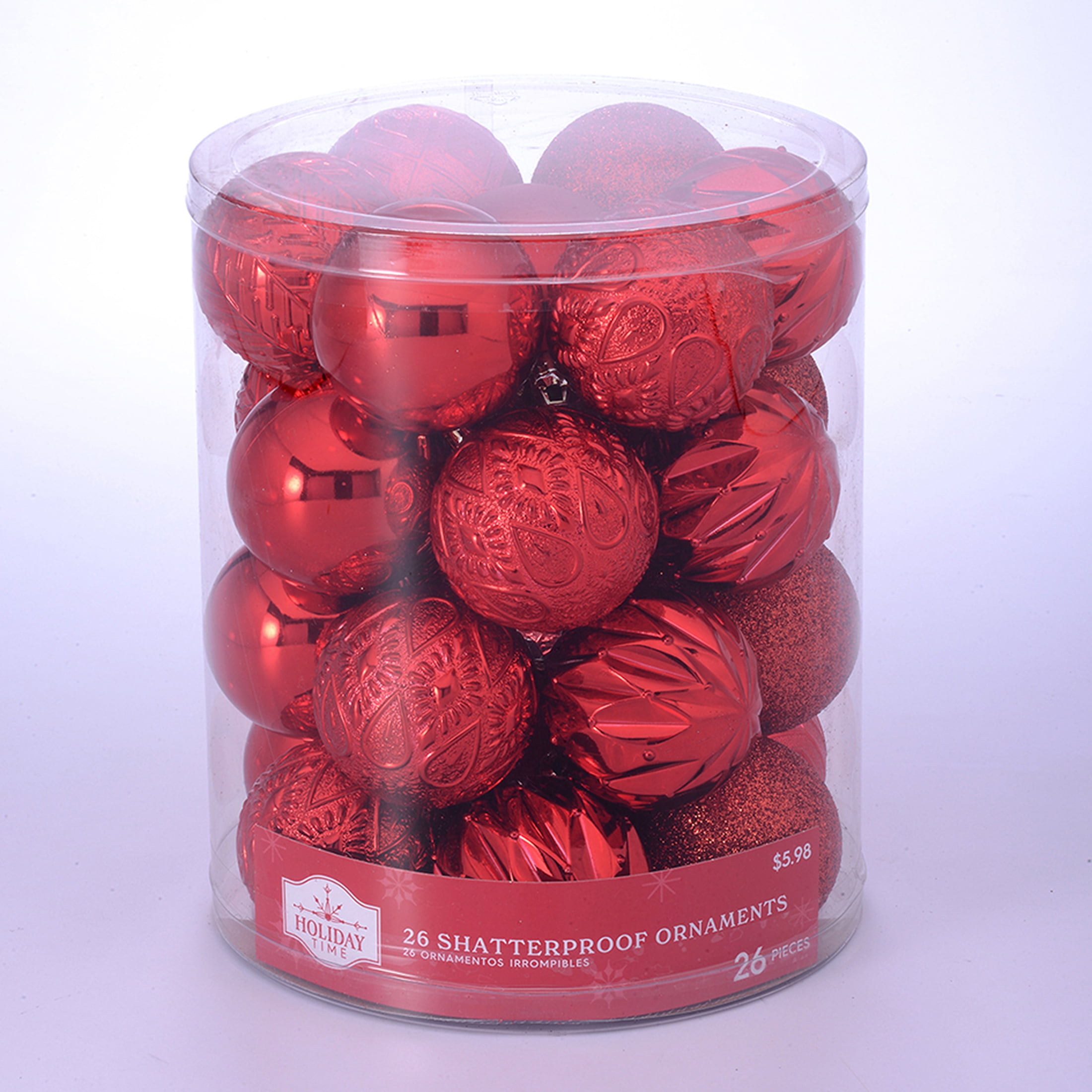 Holiday Time Red Shatterproof Christmas Ornaments, 26 Count