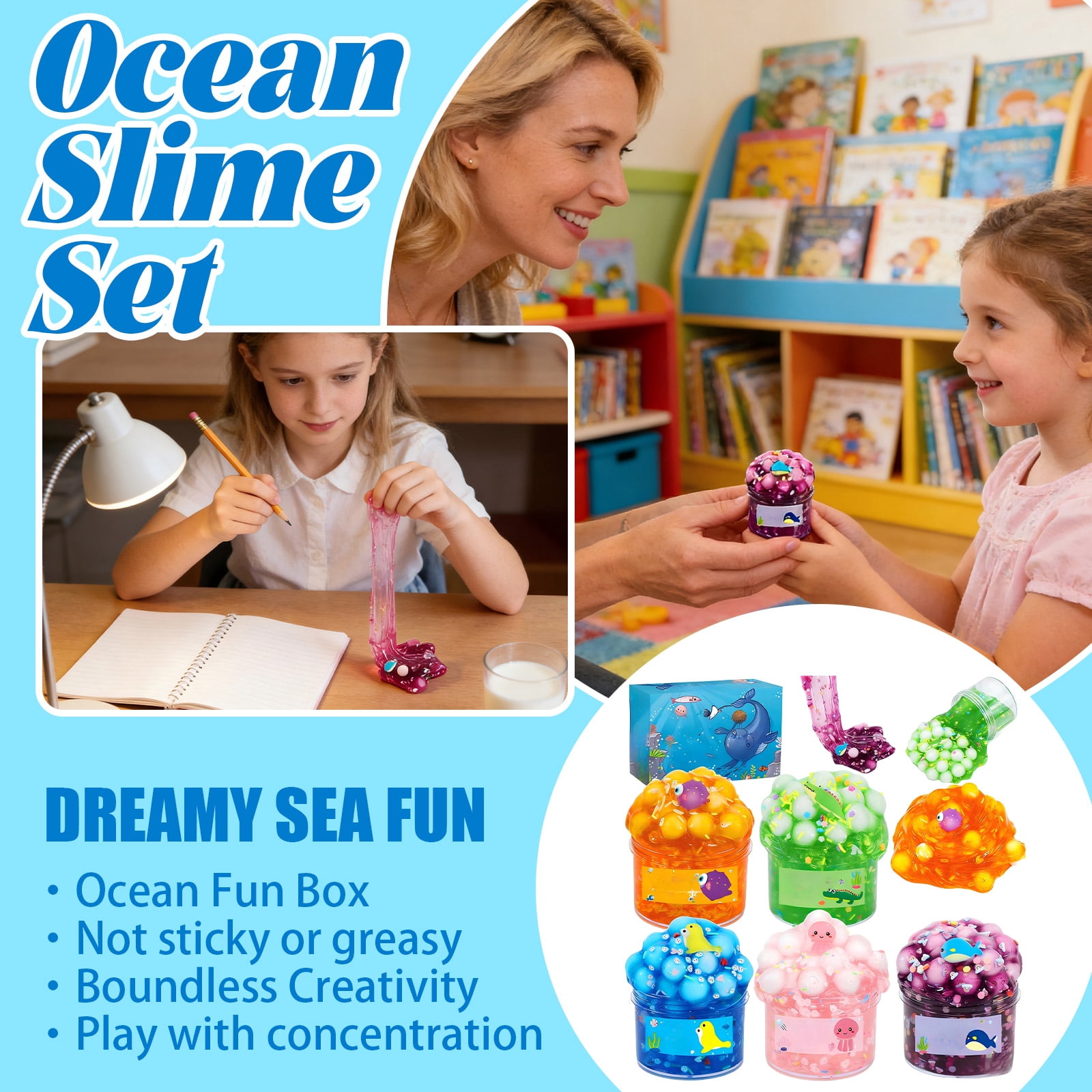 5pcs Ocean Slime Set with 70ml Slimes, Cartoon Charms & Decor Supplies - Mess-Free, Stretchy Play for Creativity, Sensory Play, Party Favors -, Toddlers, Boys, Girls