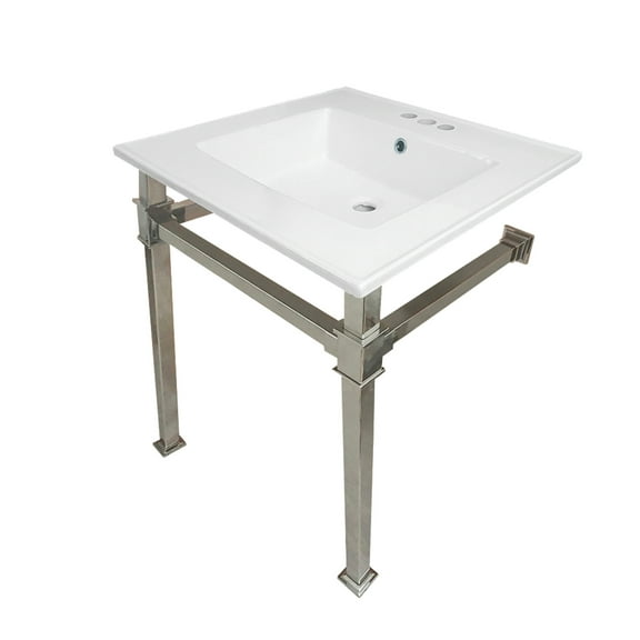 Kingston Brass KVPB25224Q6 Monarch 25" Ceramic Console Sink with Stainless Steel Legs (4-Inch, 3-Hole), White/Polished Nickel