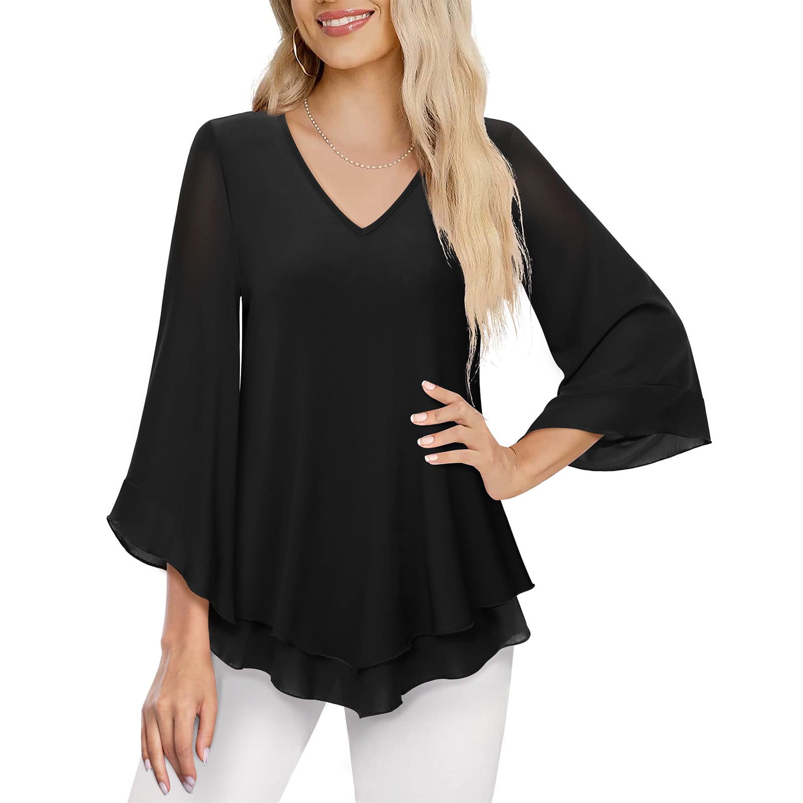 Yyeselk Business Casual Tops for Women Leisure Dressy Double Layers Mesh Shirt Ruffle 3/4 Flared Sleeve Cozy Blouses Fashion Asymmetric Hem Shirts