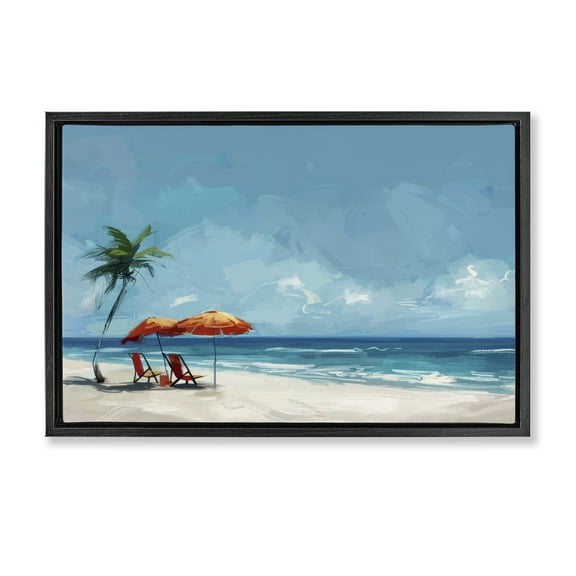Stupell Industries Beach Chair Symphony Nautical & Beach Painting Black Floater Framed Canvas Art Print Wall Art, 25 x 17