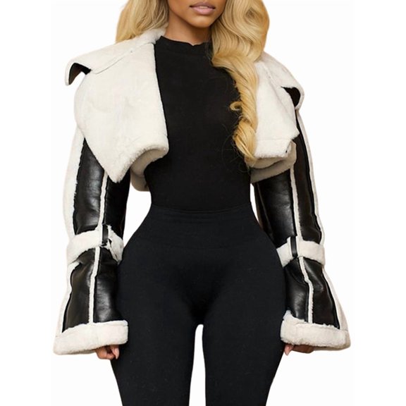Women'S Cropped PU Leather Jacket with Fur Lining and Shearing Moto Texture Black L