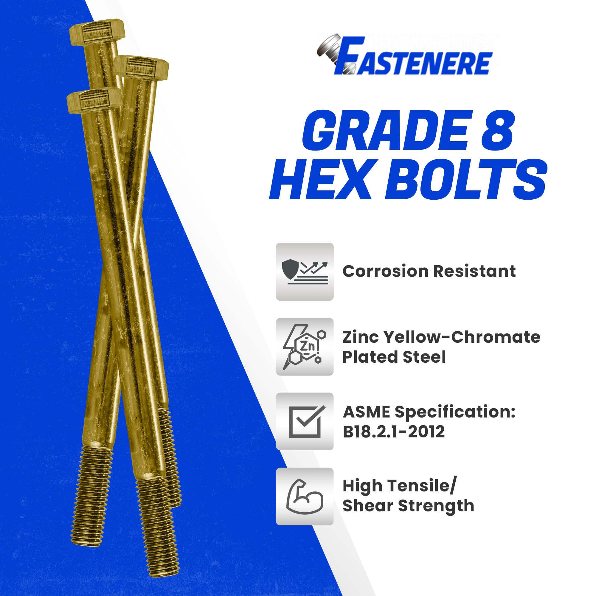 Fastenere 7/16"-14 x 5-1/2" Hex Bolts Grade 8 Zinc Yellow-Chromate Plated Steel, Partial Threaded Durable Hex Bolts for Machinery & Construction, Rust-Resistant, Heavy-Duty Fasteners, Pack of 5