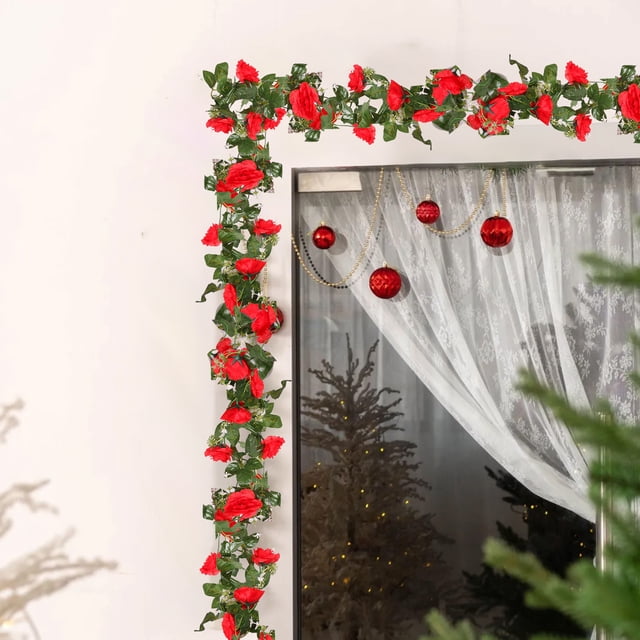 Guirnalda de rosas artificiales 220cm | Flores colgantes de seda, colores realistas blancos rosados rojos | Decoración floral sintética impermeable y duradera para arco de boda, muro de fiesta, mesa