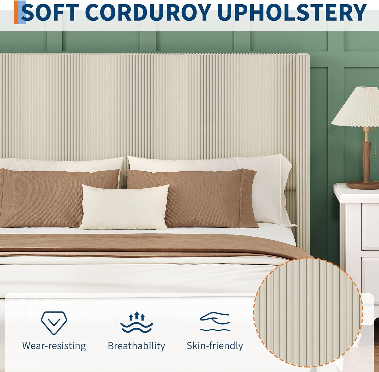 Queen Size Bed Frame with Storage Drawers, Corduroy Upholstered Platform Bed with Wingback, Tufted Headboard and Footboard, No Box Spring Needed, Beige