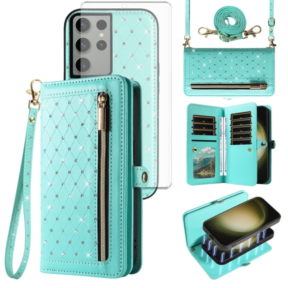 Phone Case for Samsung Galaxy S23 Ultra 5G Zipper Wallet Detachable Cell Cover with Tempered Glass Screen Protector Crossbody Lanyard Strap Bling Glitter Flip Card Holder Slot S23Ultra 23S S 23 Green