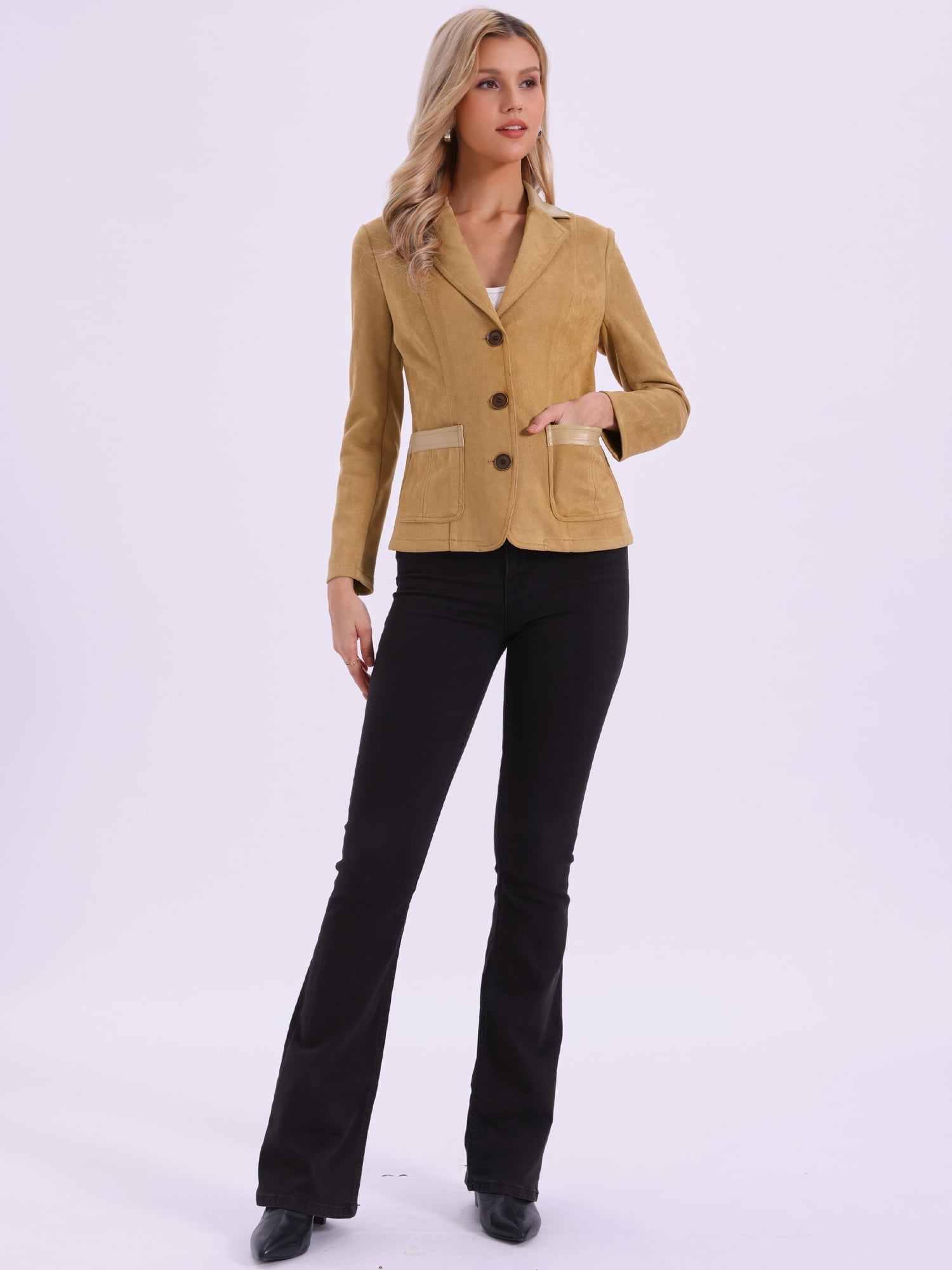 DARING DIVA Women's Faux Suede Lapel Collar Button Down Long Sleeve Blazer S Khaki