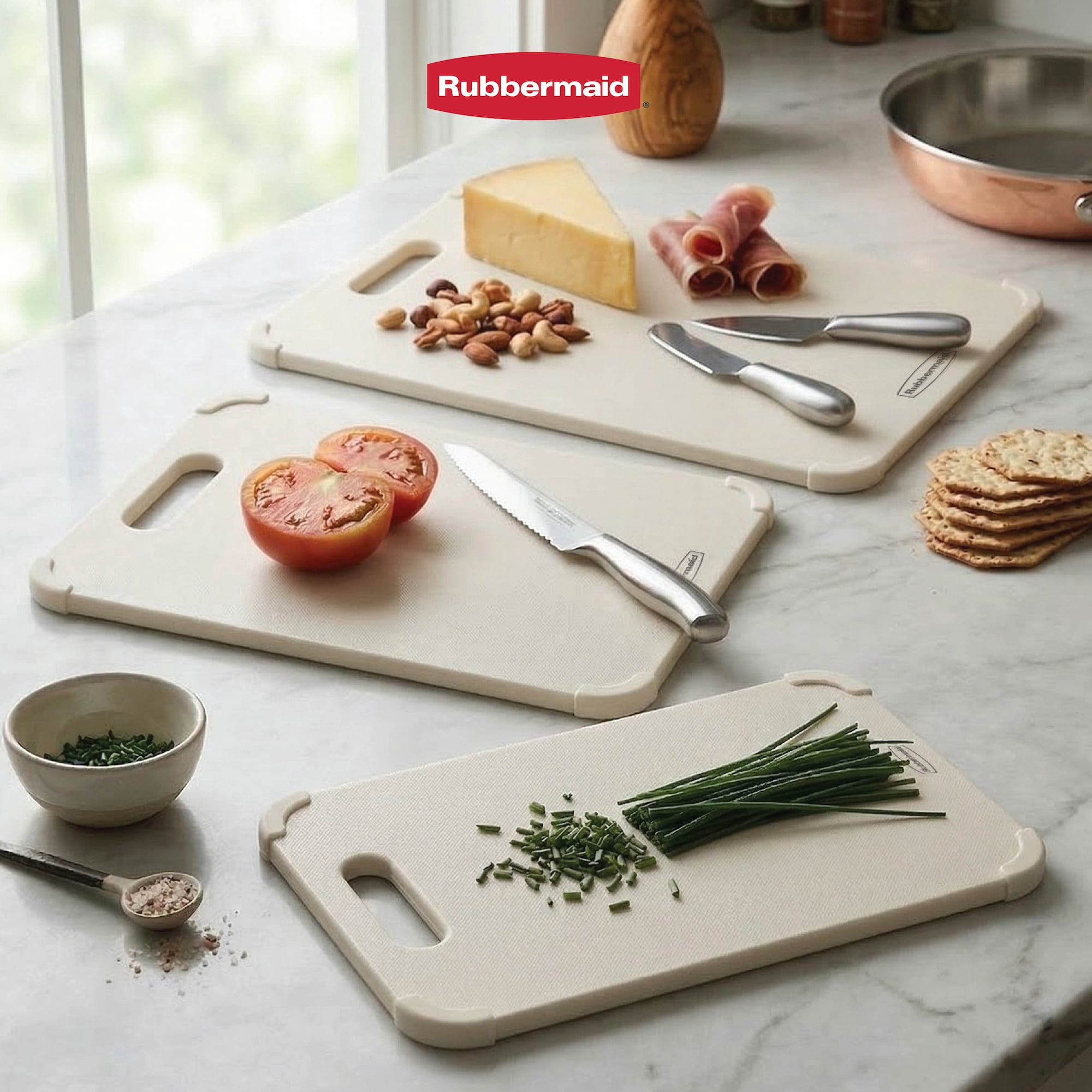 Rubbermaid 3-Piece Wheat Fiber Cutting Board Set with Non-Skid Corners, Coconut Milk