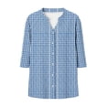 thumbnail image 6 of Fewfanhot Women Gingham Plaid 3/4 Sleeve Blouse, Notched V‑Neck Button Front Tunic Top, Loose Fit Casual Shirt for Ladies, 6 of 6