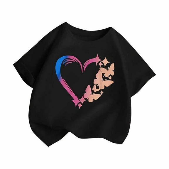 Qingpeng Toddler Girls Cute Heart Graphic Crewneck Short Sleeve Regular Fit Casual Tee T-Shirts