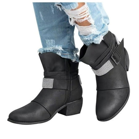 

Tuscom Women s Vintage Up Short Boots Midheel Thick Heels Boots Shoes Cowboy Boots Modern Western Cowboy Rhinestones Buckle Strap Boot