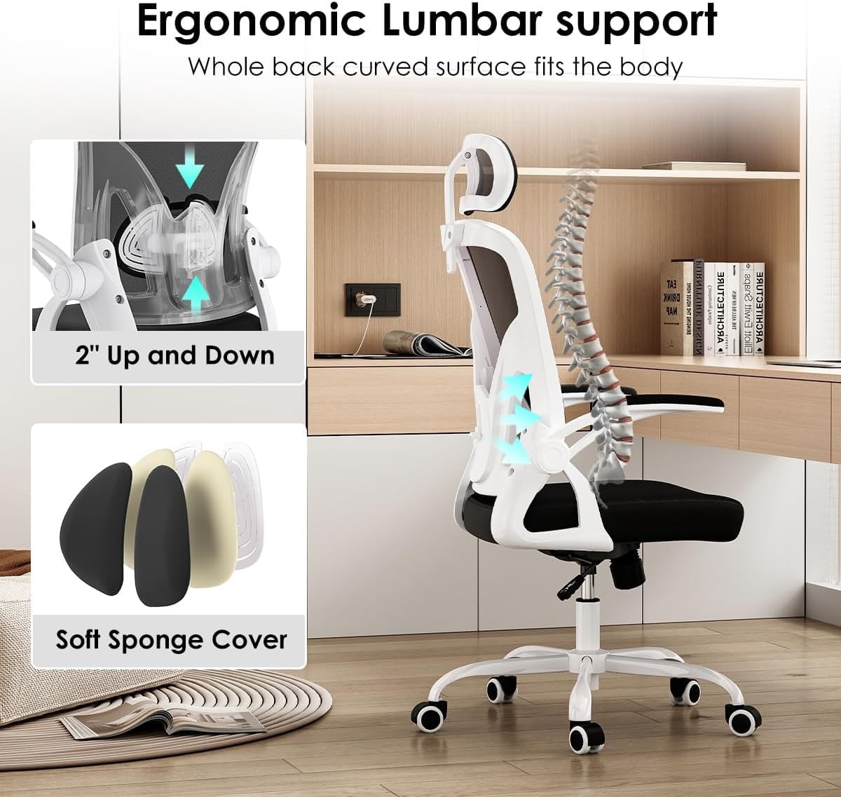 STARY Ergonomic Mesh Office Chair with Headrest, Tall Reclining Computer Chair with Adjustable Lumbar Support and Adjustable Arms for Home Office, White & Black