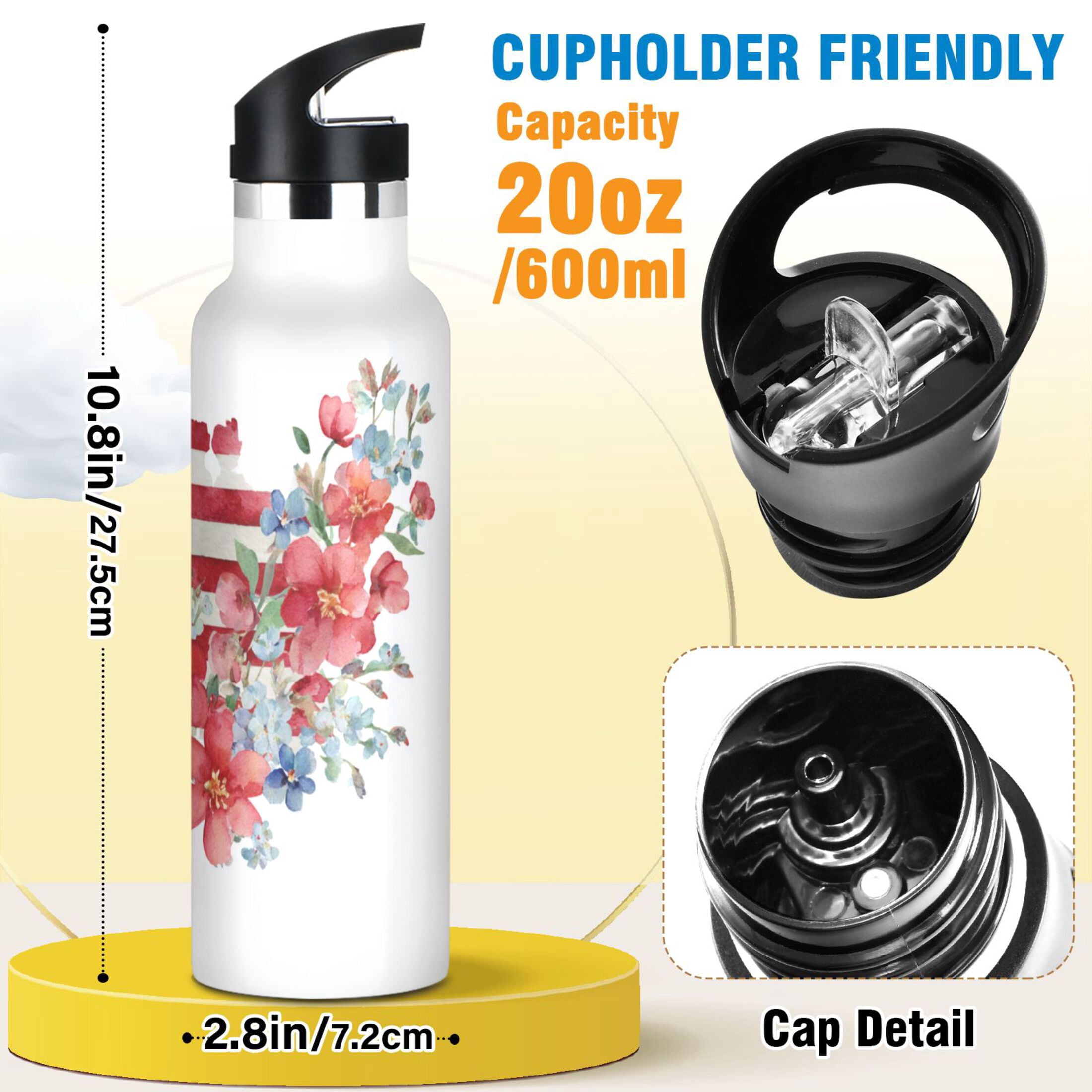 Kids Insulated Stainless Steel Sports Water Bottle 600ml (20oz) Watercolor Flag with Flowers