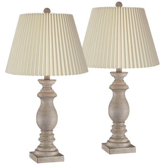 Regency Hill Rustic Farmhouse Table Lamps 26 1/2" High Set of 2 White-Washed Faux Wood Ivory Linen Pleat Shade for Bedroom Living Room