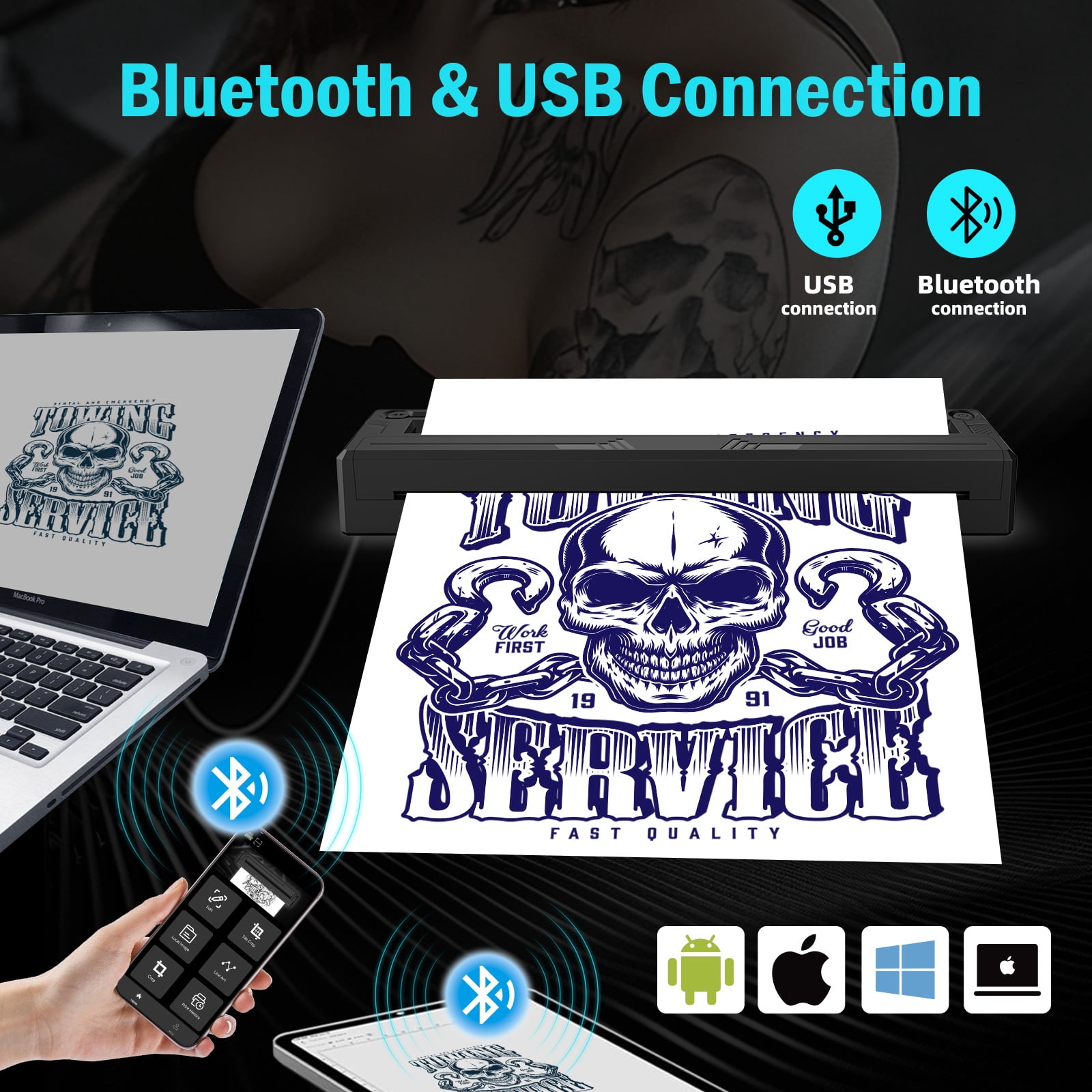Wireless Tattoo Stencil Printer 2 in 1 Thermal Tattoo Transfer Printer with Patented Limit Device, Compatible with Android iOS Windows, Bluetooth 5.0/4.2 + USB, 203DPI, 50KM Printhead Life