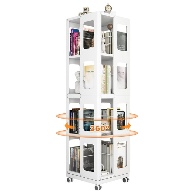 Kavey 4 Tier Rotating Bookshelf Tower, Steel 360° Revolving Bookcase with Wheels, Multifunctional Floor Standing Storage Display Shelf, Narrow Bookshelves for Bedroom, Office (White)