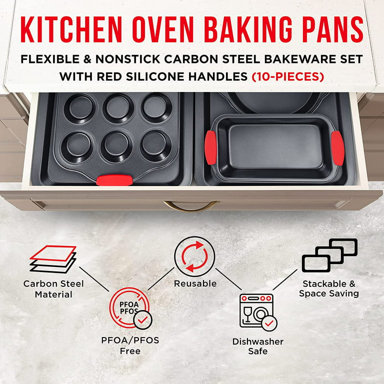 Country Kitchen 10-Piece Nonstick Stackable Bakeware Set - PFOA, PFOS, PTFE  Free Baking Tray Set w/Non-Stick Coating, 450°F Oven Safe, Round Cake