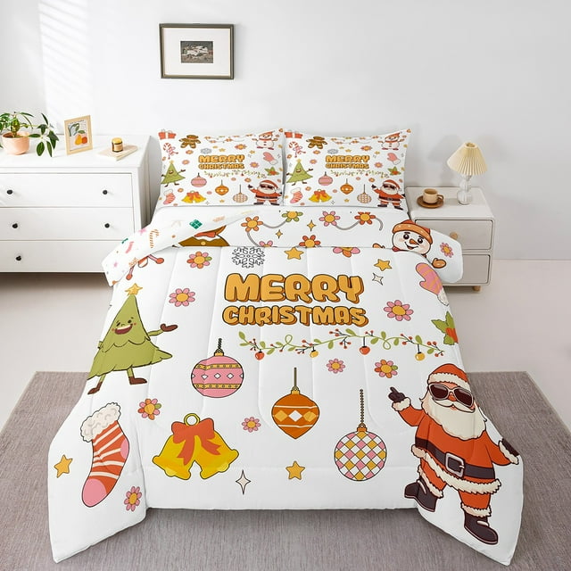 Merry Christmas Bedding Set For Kids Xmas Tree Santa Claus Comforter Set King Size Snowman Lantern Decor Quilt Snowflake Christmas Stocking Decor Bedding Comforter Sets With 2 Pillow Cases