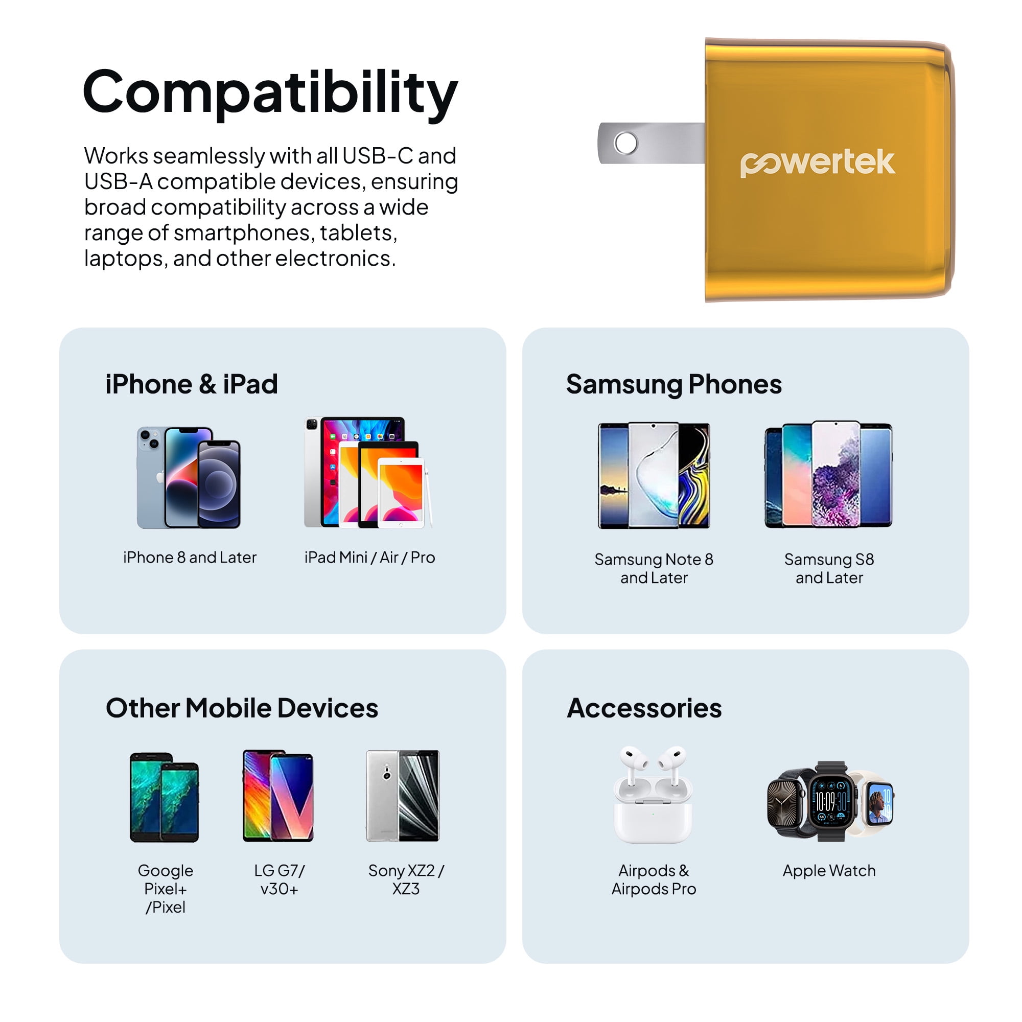 Powertek Luxe 20W USB-C + 18W USB-A Fast Charging Dual Port Block, Gold, Compatible with iPhone, Android, Tablets & USB Devices, Compact Travel Adapter