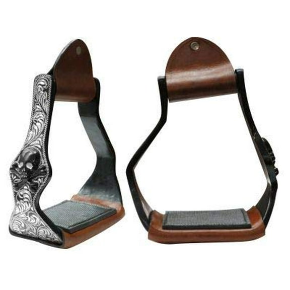 Showman Black Aluminum Angled Stirrups w/ Skull & Cross Bones