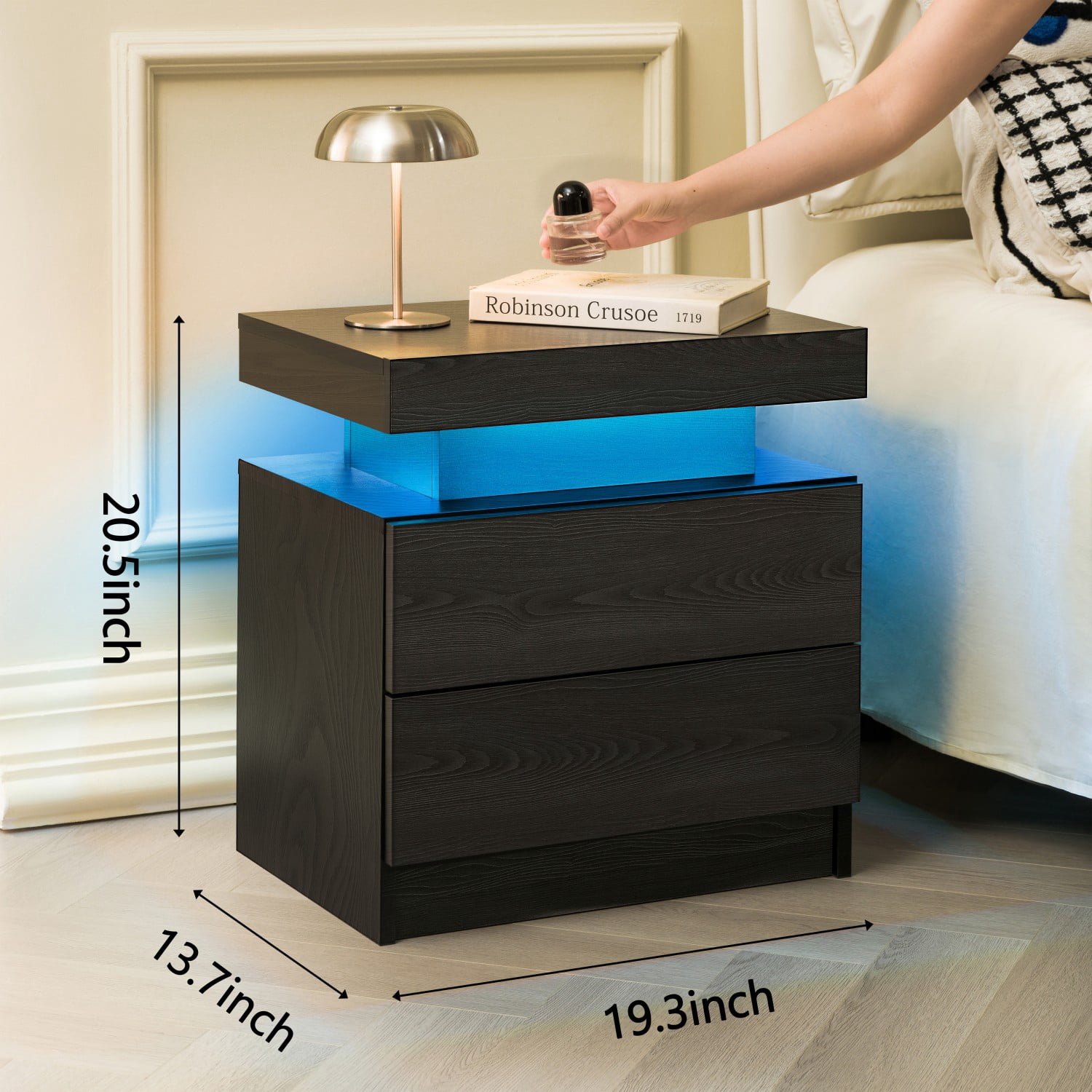 Nightstand with LED Lights, Modern Bedside Table with 2 Drawers and Open Storage, Adjustable RGB Light End Table for Bedroom Living Room Office, Black Woodgrain