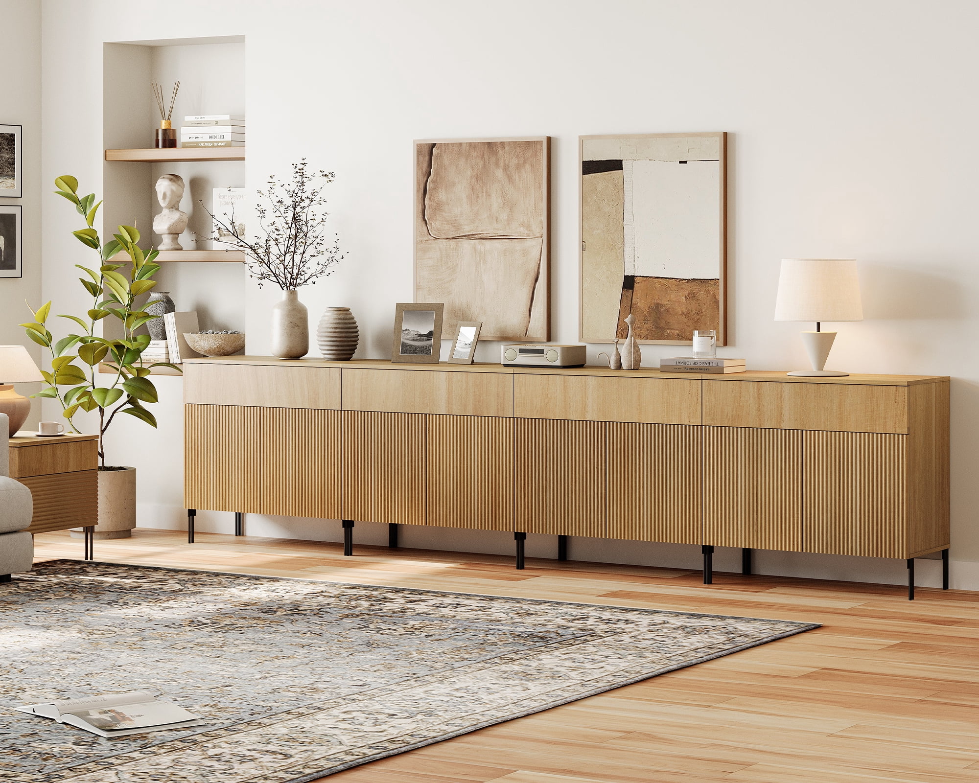 126" Wooden Reeded Sideboard with Doors and Drawers, 4-In-1 Modern Wide Credenza Storage Cabinet for Kitchen, Dining Room