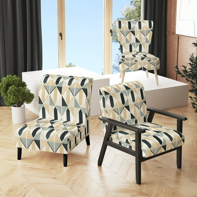 Designart "Spacious Neutrality I" Beige Damask Upholstered Accent Chair - Bohemian & Eclectic Arm Chair For Living Room