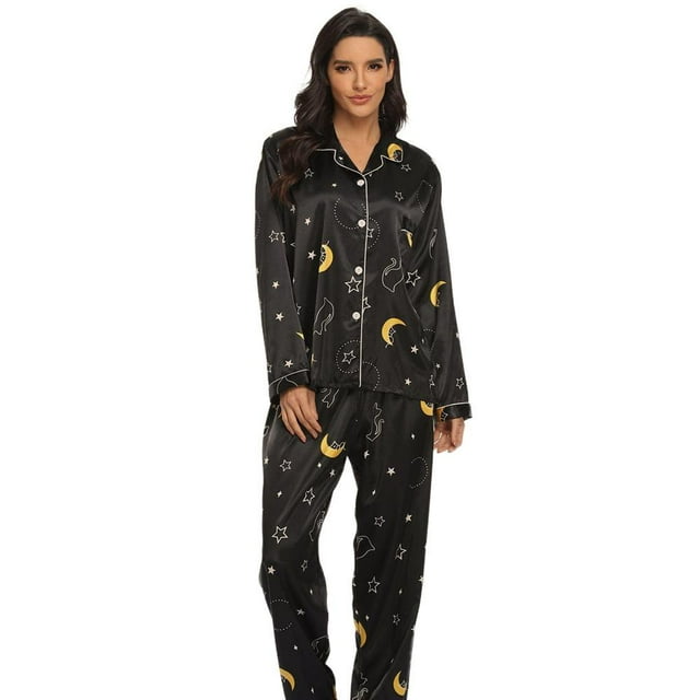 Womens Satin Pajama Set Floral Dot Long Sleeve Button Down Sleepwear Long Pj