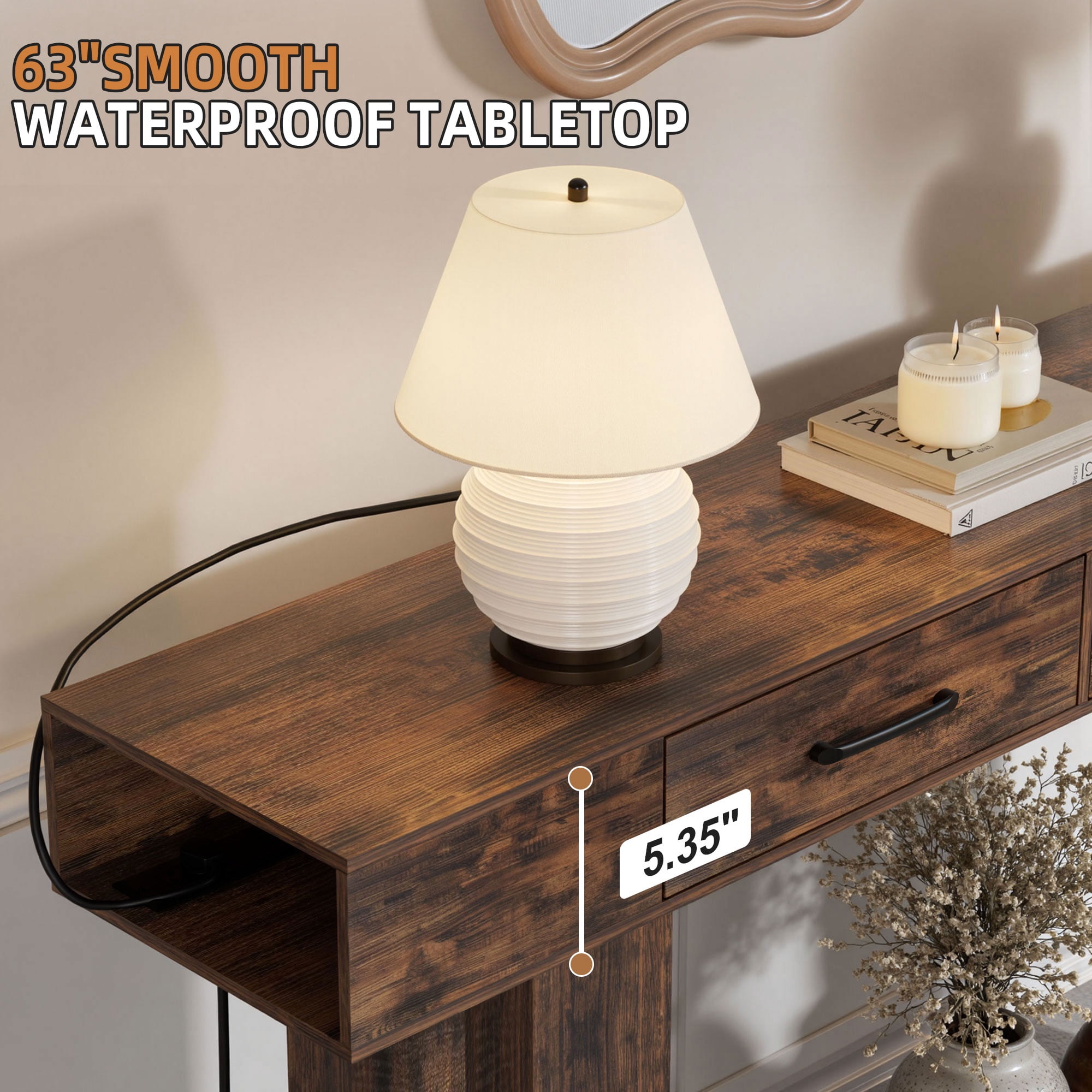 63" Long Console Table for Entryway, Holaki Console Table with Charging Station and 2 Drawer, Wooden Rectangular Sofa Table Behind Couch, Farmhouse Entryway Table for Hallway Living Room Entrance