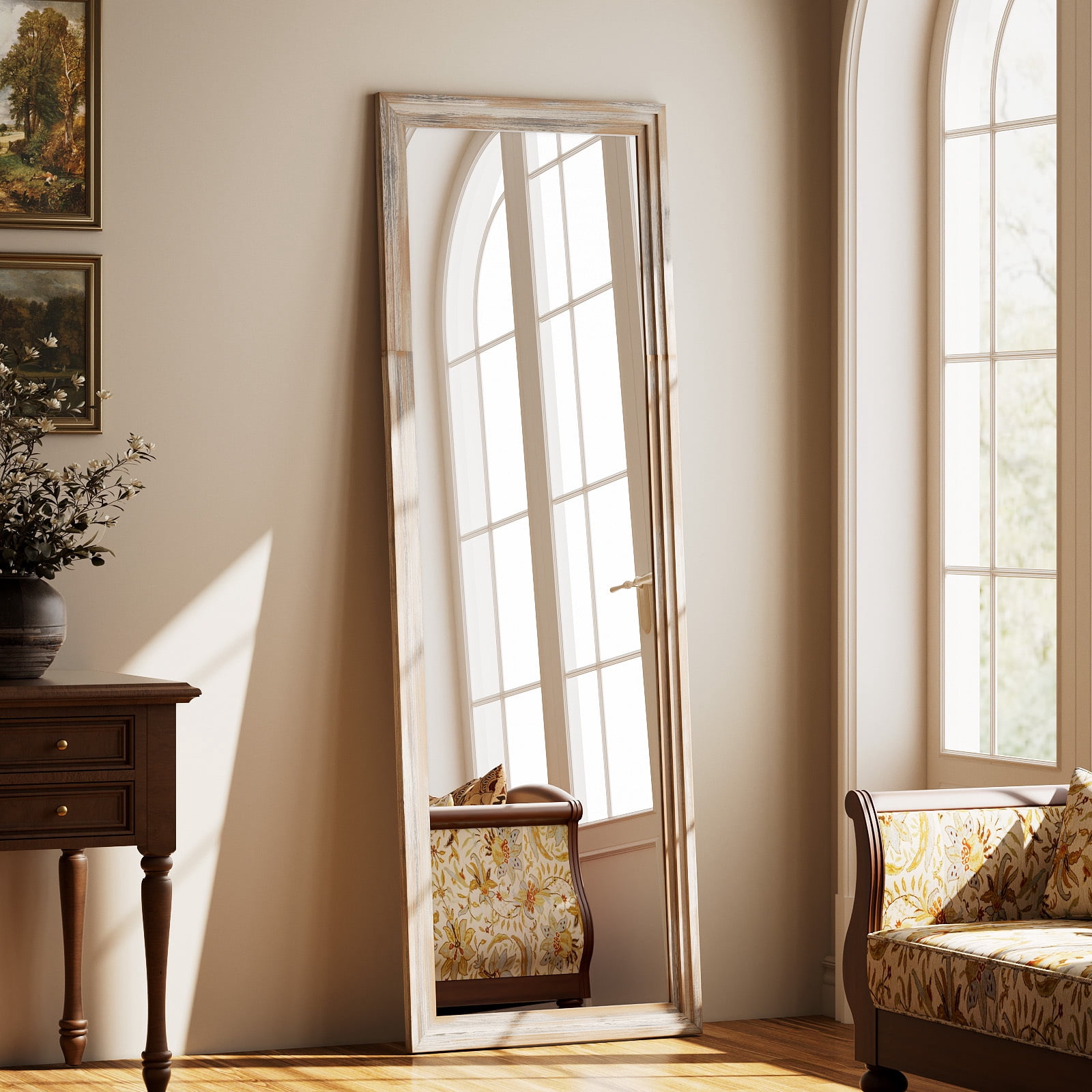 Easy4Home 65"x22" Wooden Full Length Mirror Rectangle Floor Mirror Wall Mounted, White