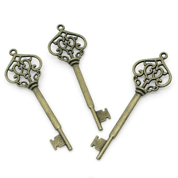 P132A - LARGE - 10 pcs. Antique Bronze Filigree Keys Charms Pendants - 70mm X 22mm (2 6/8"x 7/8")