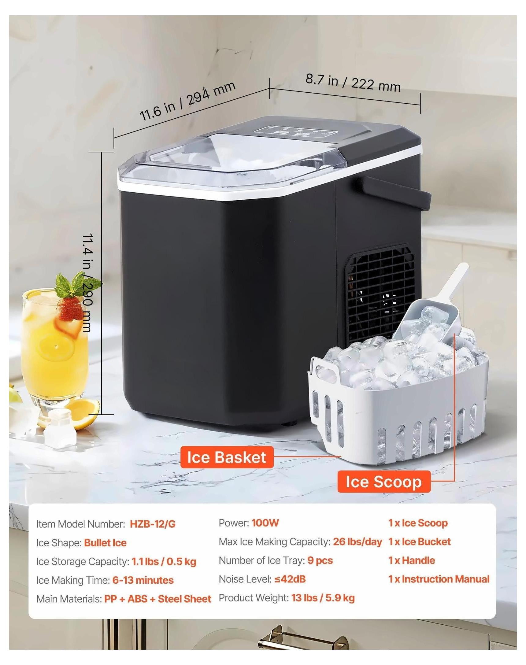 Portable Ice Maker, 26lbs/24h Countertop Ice Machine, Self-Cleaning, Bullet & Large Ice, Stainless Steel, Fast Ice Maker for Home Bar & Kitchen