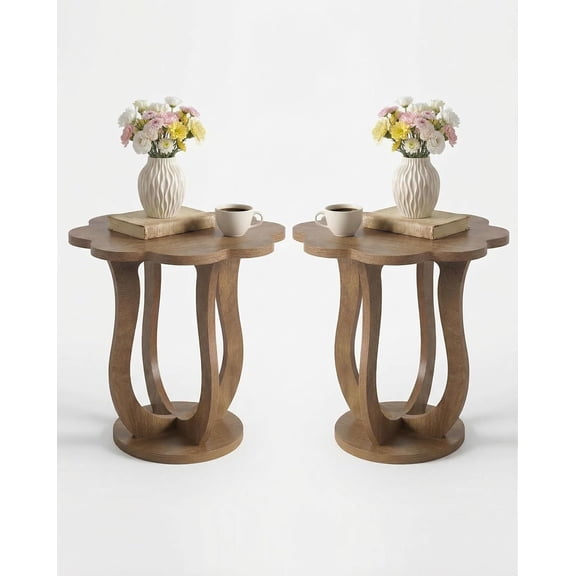 Set of 2 Flower-Shaped Side Tables, 25.6" Round Wooden Pedestal Drink Tables, Modern Accent End Tables or Plant Stands for Living Room, Bedroom, Rustic Brown
