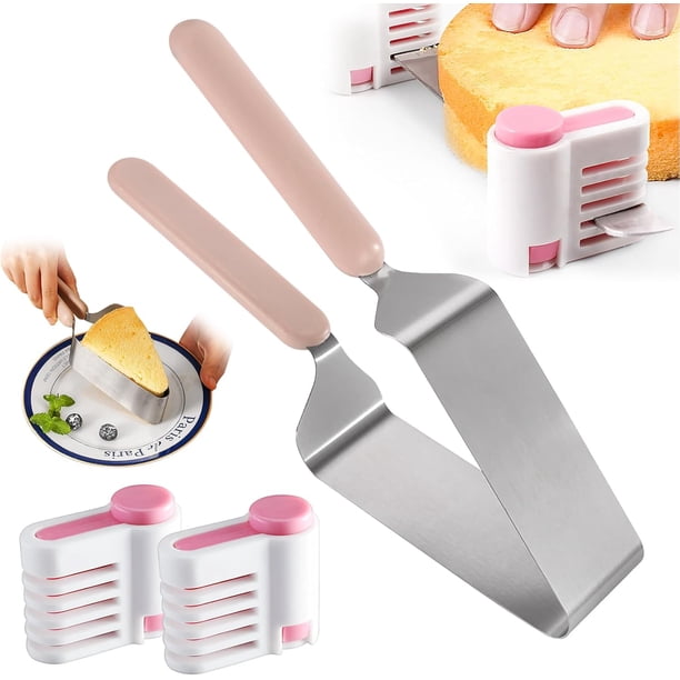 Cortr de pasteles de acero inoxidable con rebanr nivelr, servidor ajustable para cortar pasteles, auxiliar de estratificación, mango ergonómico, herramienta segura para rebanar pasteles (rosa