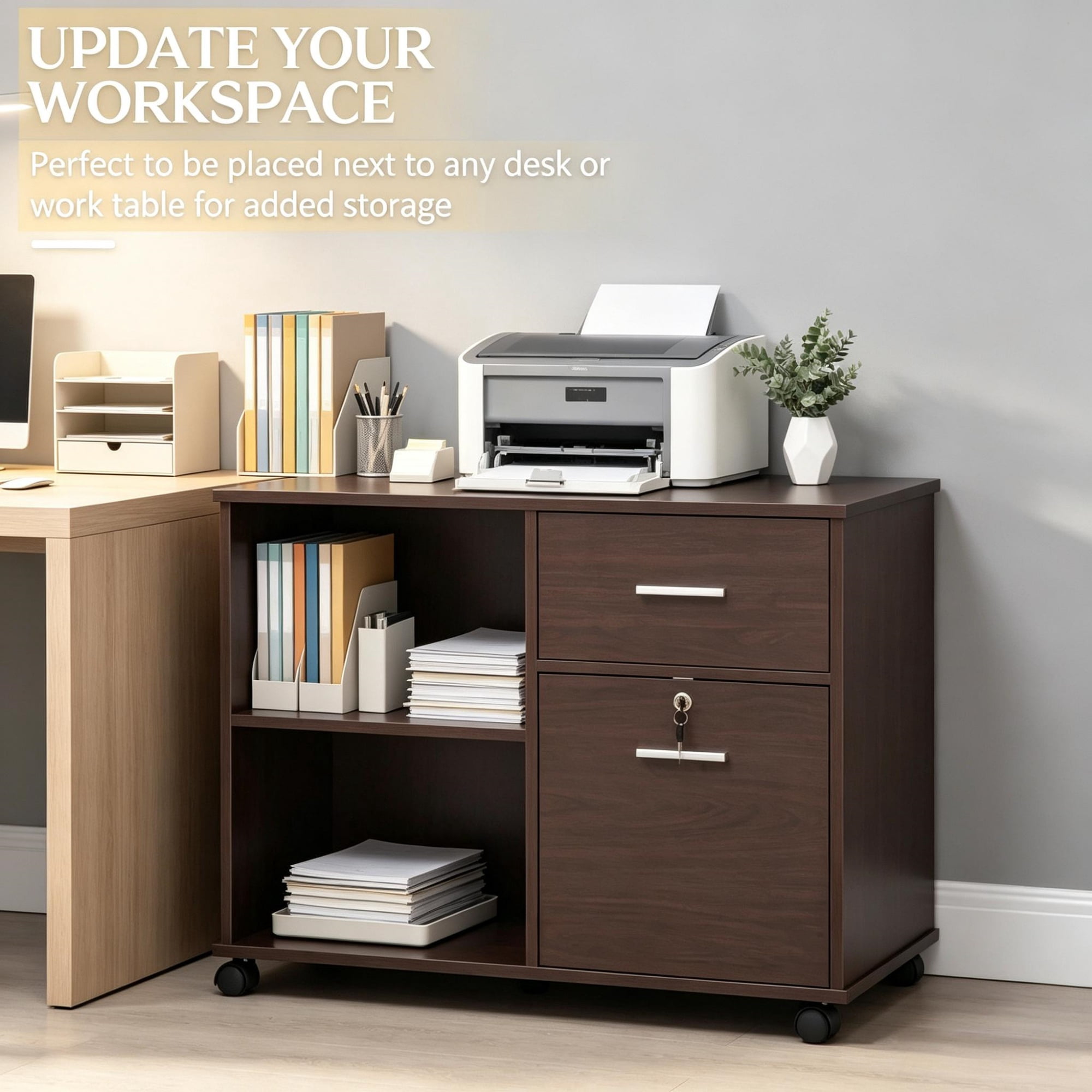 Printer Cabinet with Lockable Drawer and Rolling Casters for Office