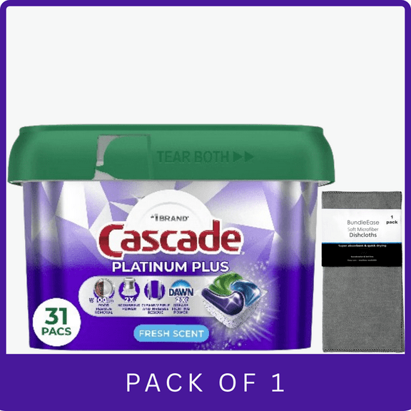 Cascade Platinum Plus Dishwasher Pods, Fresh Scent, 31 Count with Microfiber Solid Color Dishcloth by BundleEase