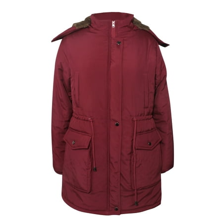 4THSEASON Women's Winter Warm Anorak Jacket Mid-Long Parka with Fur-Trimmed Hood Wine Red Size