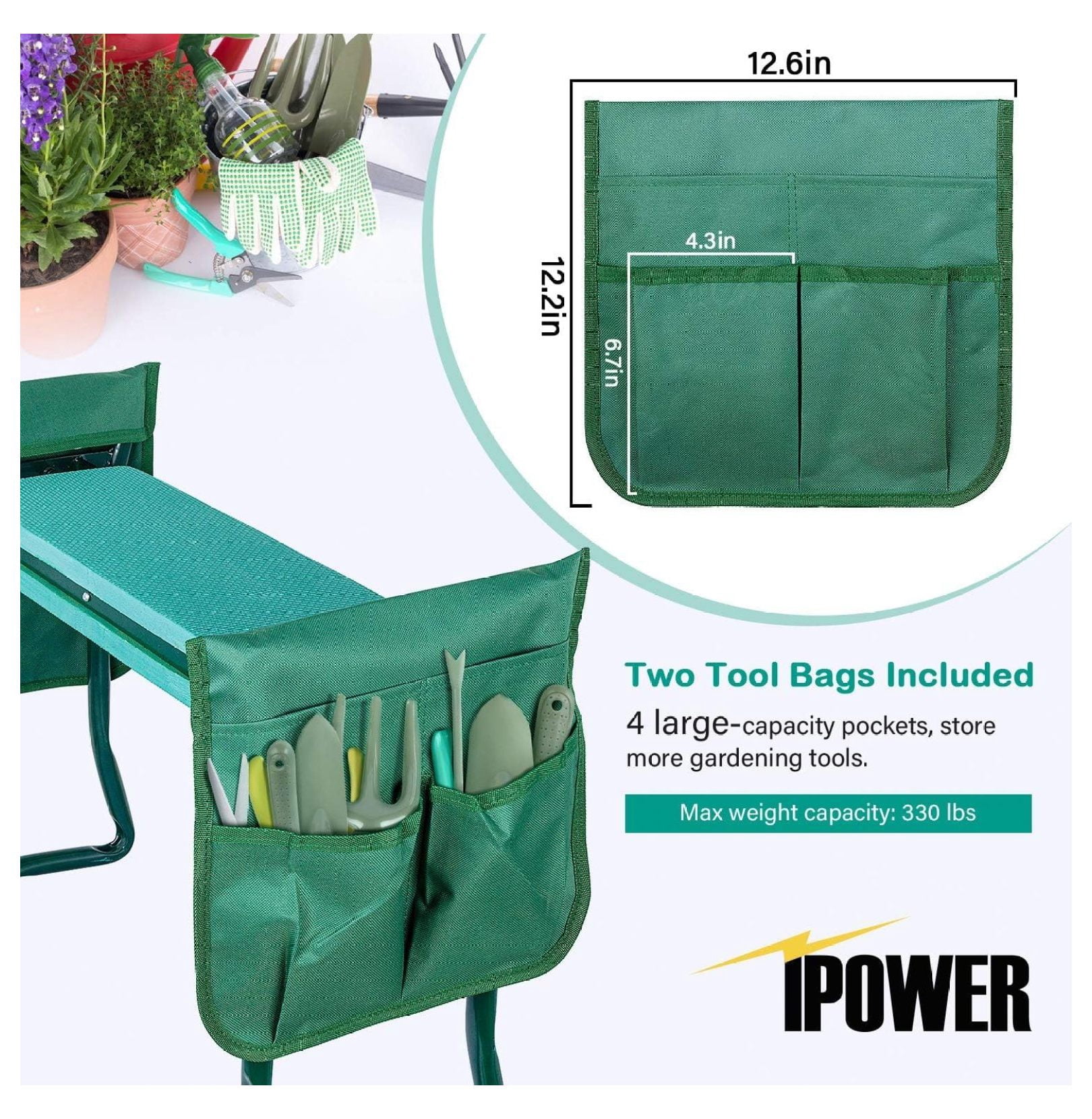 Garden Kneeler and Seat with Sturdy Soft Foam Pad, Foldable Kneeling , 2 Tool Pouches Included, for Camping, Gardening, Fishing, Green
