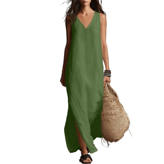SAWOBUUN Women Sleeveless V Neck Cotton Linen Maxi Dress Side Split Loose Flowy Long Tank Dress Summer Beach Casual Cover Up