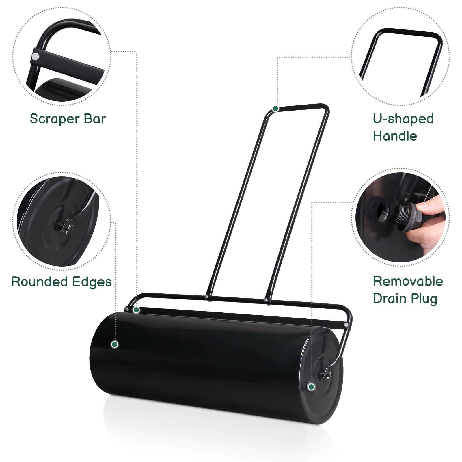 36in Cylindrical Iron Lawn Roller, Black