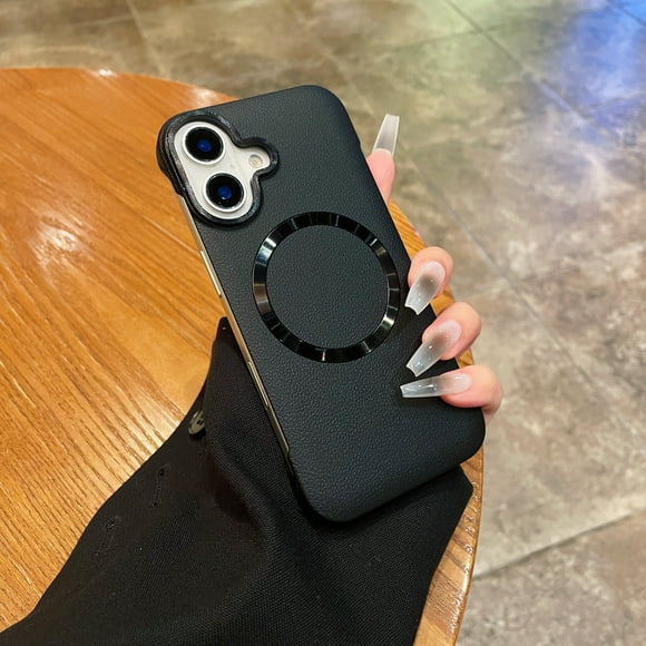 Slim Borderless for iPhone 16 Magnetic Phone Case Ultra-Thin Lightweight Frameless PU Leather Hard PC Cover Case Shockproof Non Slip Anti-fall,Suppor Wireless Charging,Black