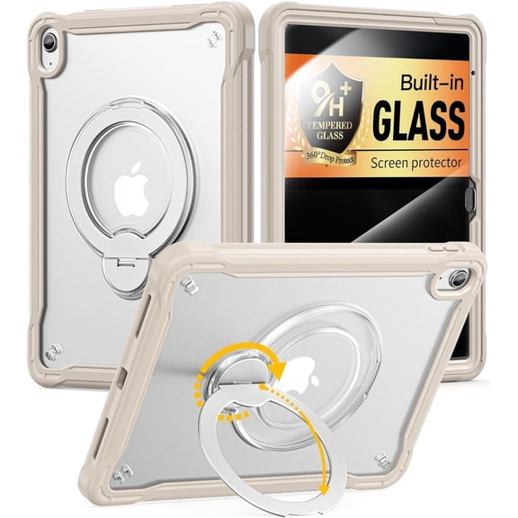 Case for iPad (A16) 11th/10th Built-in Tempered Glass Screen Protector 360°Spin Stand Kickstand Handle Slim Fit Durable Stable Rugged