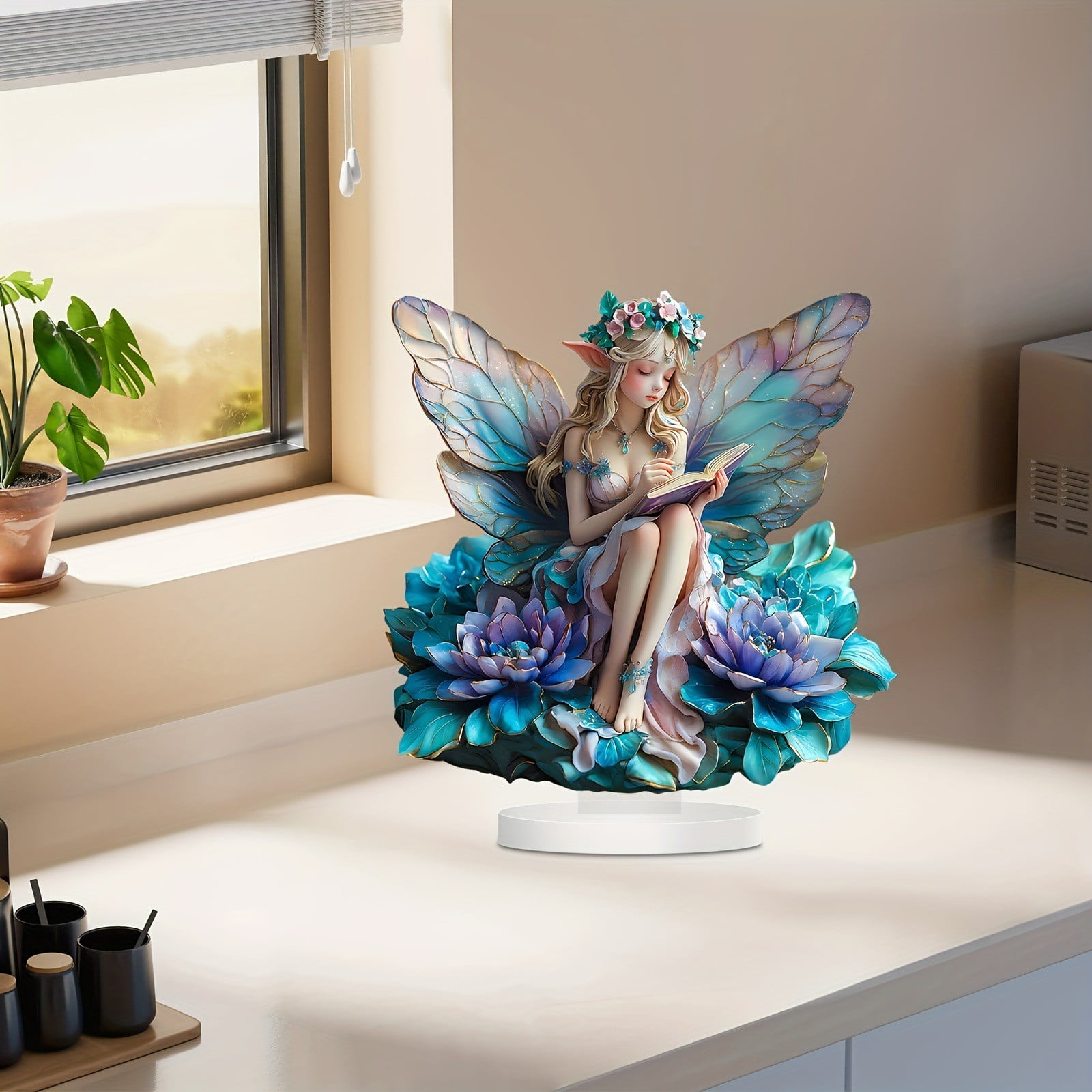 Fairy Garden Statue Decor,Butterfly Flower Elf Reading Book Statue Ornaments,Acrylic 2D Fairy Tabletop Decoration,Home Festival Party Decor