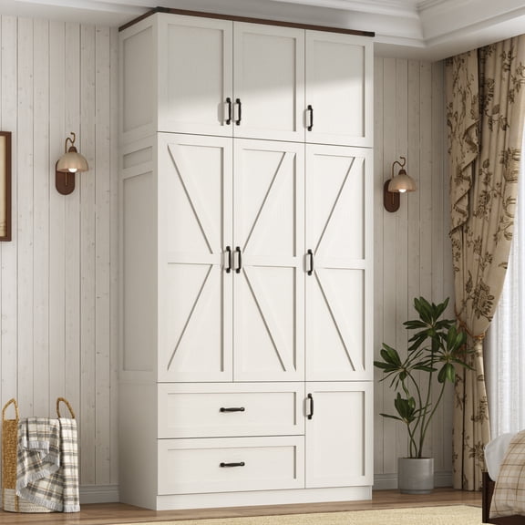 ANPOO 94''H White Extra Tall Armoire Wardrobe Closet w/ Top Cabinet, 2 Drawers & Storage Shelves, Farmhouse 3 Doors Armoire Wardrobe Closet w/ Barn Door & Sensor Light, LED Wooden Large Armoire