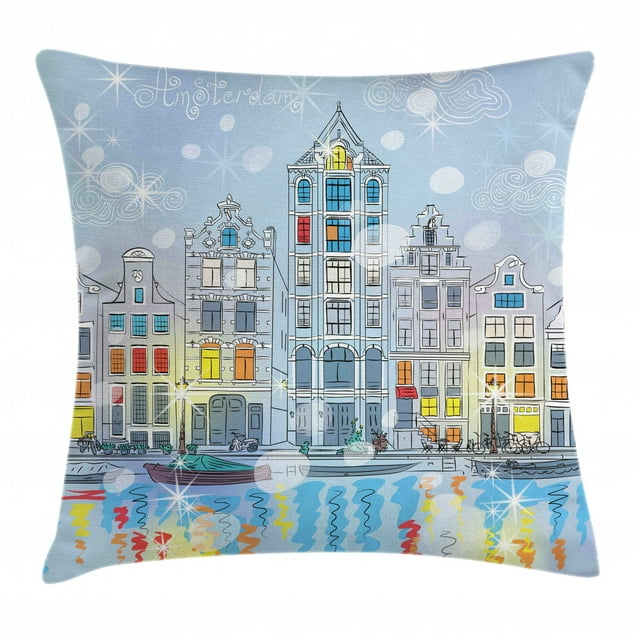 Christmas Throw Pillow Cushion Cover, Noel Time at Amsterdam Canal with Historical Famous Buildings North Europe Design, Decorative Square Accent Pillow Case, 16 X 16 Inches, Multicolor, by Ambesonne