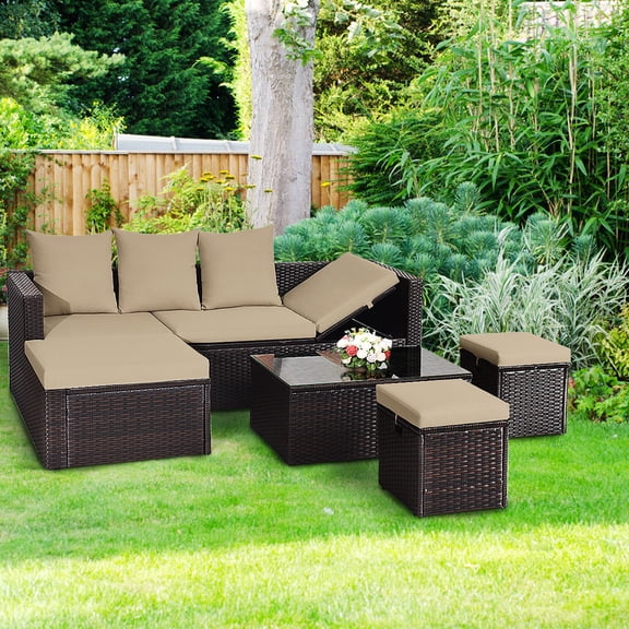 Gymax 5PCS Patio Rattan Cushioned Conversation Set w/ Ottoman Coffee Table