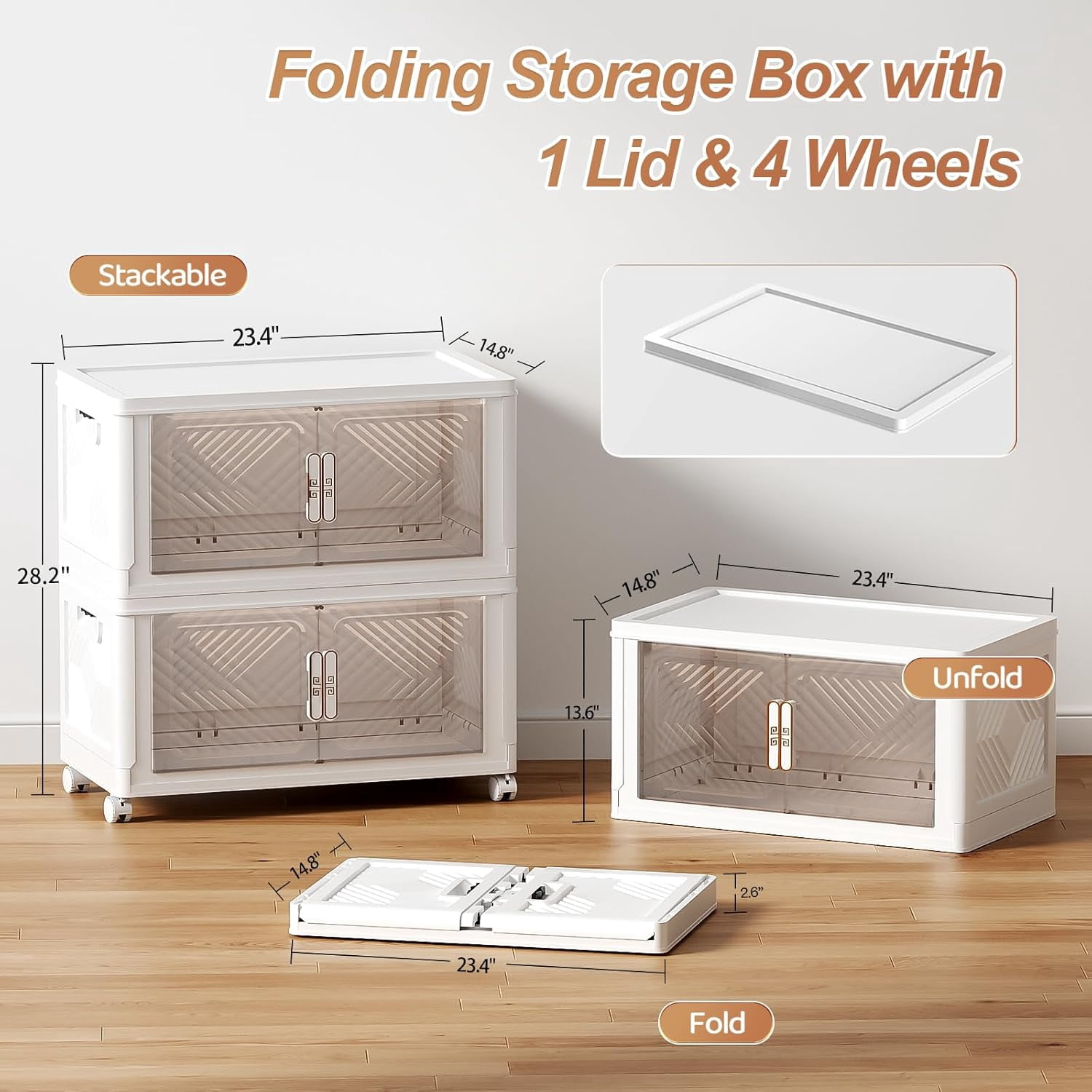 Storage Bins with Lid 2 Pack 76QT, Stackable Storage Containers with Wheels and Magnetic Doors, Plastic Clothes Closet Organizers and Storage Box for Home and Office