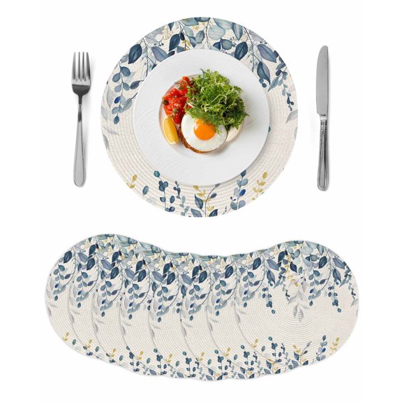 Navy Blue Eucalyptus Round 15 Inch Placemats Set of 8, Farmhouse Weeping Leaves Linen HeatResistant Non Slip Place Mats for Dining Table, Wipeable Braided Kitchen Table Mats for Housewarming