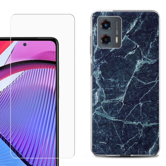OneToughShield ® Compatible with Motorola Moto G 5G 2023, Shockproof Phone Case, with Tempered Glass Screen Protector - Marble / Blue